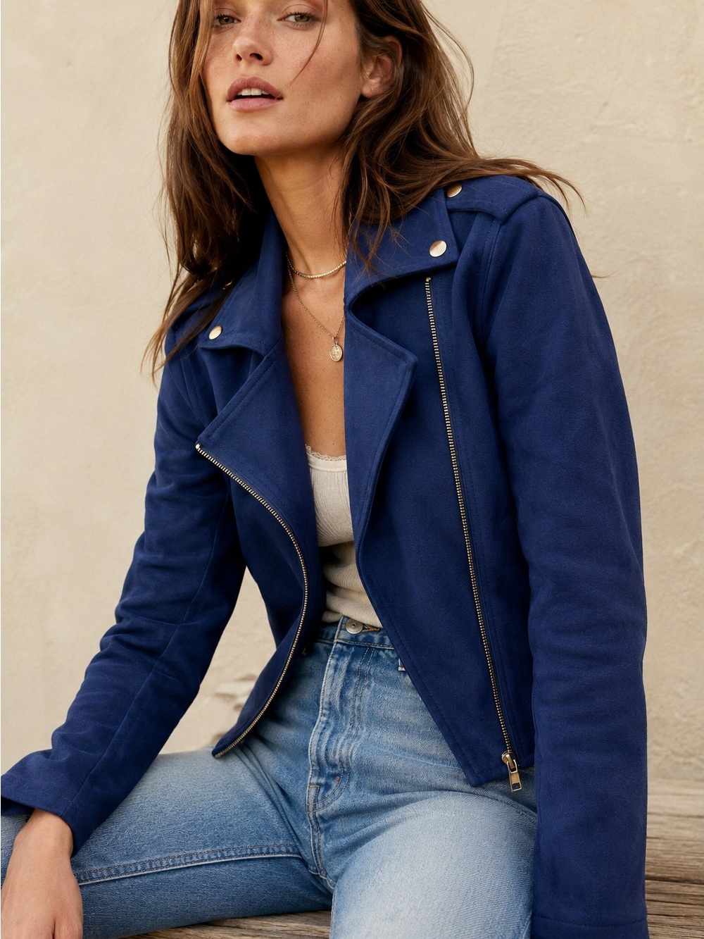 LC Lauren Conrad NWT Blue Faux Suede Moto Jacket Medium Cobalt Zip Front